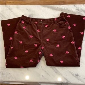 Lilly Pulitzer Brown Corduroy Pink Bee Pants SZ 12